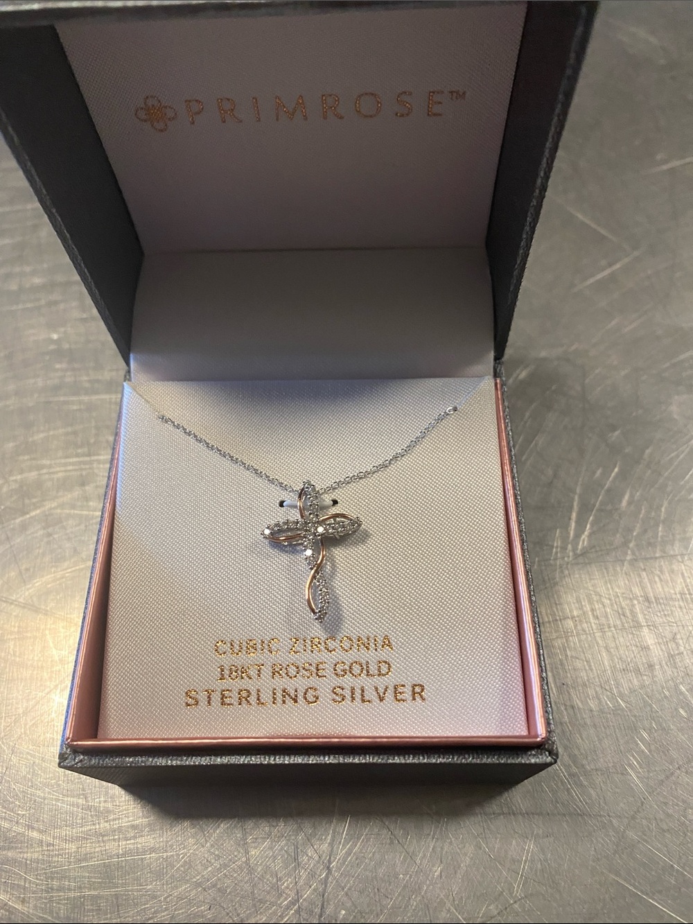 Sterling Silver and Rose Gold Cross Pendant Necklace - White by Primrose